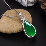 Green Jade Chalcedony Water Drop Pendant 925 Silver Necklace Chinese Carved