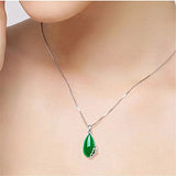 Green Jade Chalcedony Water Drop Pendant 925 Silver Necklace Chinese Carved Char