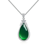 Green Jade Chalcedony Water Drop Pendant 925 Silver Necklace Chinese Carved