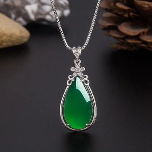 Green Jade Chalcedony Water Drop Pendant 925 Silver Necklace Chinese Carved