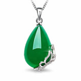 Green Jade Chalcedony Water Drop Pendant 925 Silver Necklace Chinese Carved Char