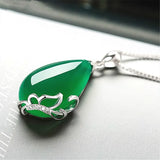 Green Jade Chalcedony Water Drop Pendant 925 Silver Necklace Chinese Carved Char