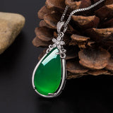 Green Jade Chalcedony Water Drop Pendant 925 Silver Necklace Chinese Carved