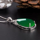Green Jade Chalcedony Water Drop Pendant 925 Silver Necklace Chinese Carved