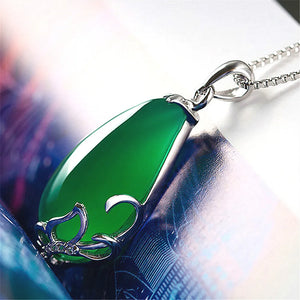 Green Jade Chalcedony Water Drop Pendant 925 Silver Necklace Chinese Carved Char