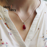 Green Jade Chalcedony Water Drop Pendant 925 Silver Necklace Charms Jewelry