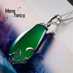 Green Jade Chalcedony Water Drop Pendant 925 Silver Necklace Charms Jewelry