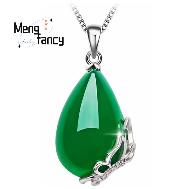 Green Jade Chalcedony Water Drop Pendant 925 Silver Necklace Charms Jewelry