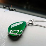 Green Jade Chalcedony Water Drop Pendant 925 Silver Necklace Charms Jewelry