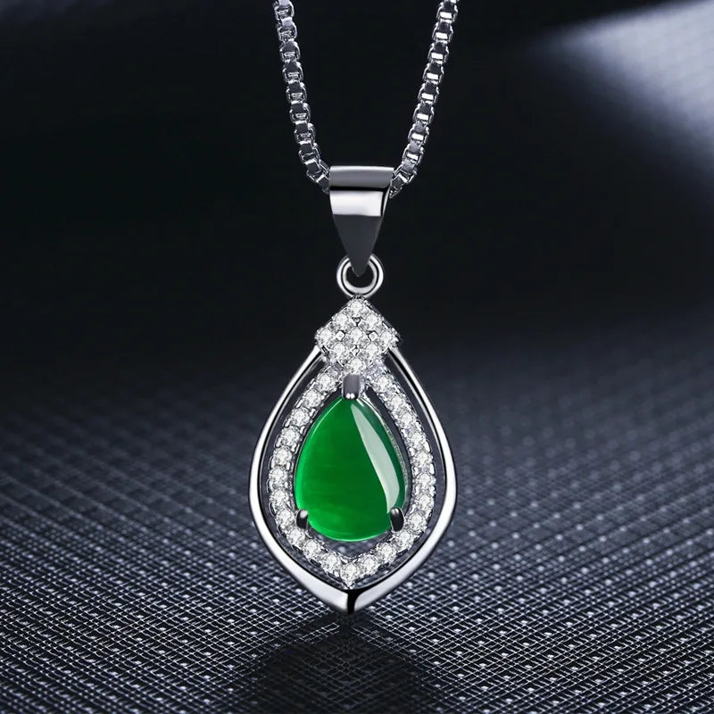Green Jade Chalcedony Water Drop Pendant Agate 925 Silver Necklace