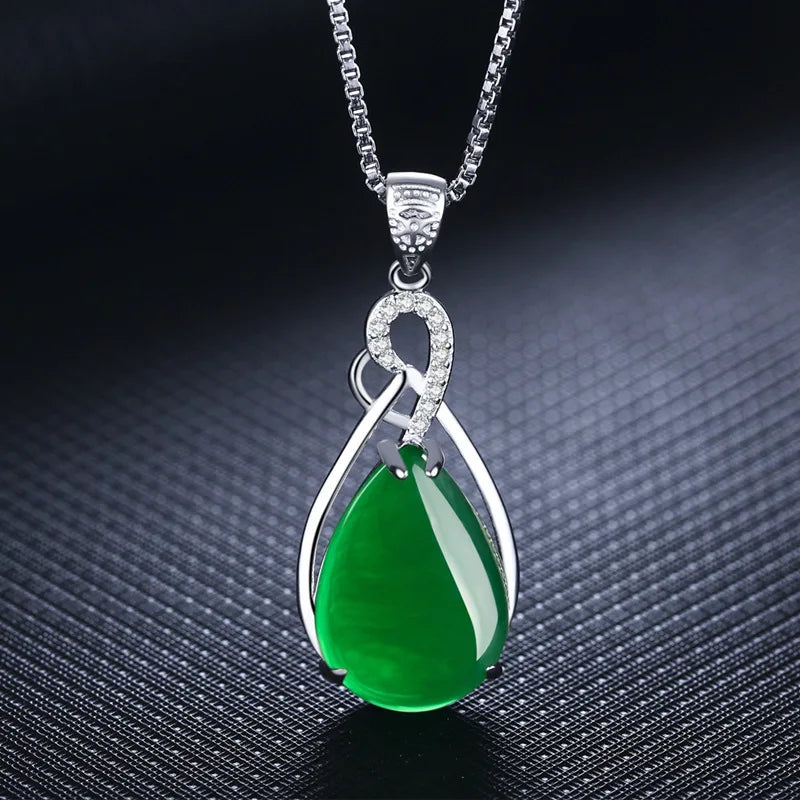 Green Jade Chalcedony Water Droplet Pendant 925 Silver Necklace Charm