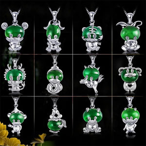 Green Jade Zodiac Pendant 925 Silver Necklace Chinese Carved Charm Jewelry