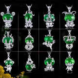 Green Jade Zodiac Pendant 925 Silver Necklace Chinese Carved Charm Jewelry
