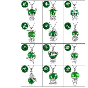 Green Jade Zodiac Pendant 925 Silver Necklace Chinese Carved Charm Jewelry