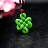 Green Jade Chinese Knot Pendant Necklace Double-sided Hollow Carved Charm