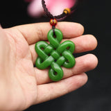 Green Jade Chinese Knot Pendant Necklace Double-sided Hollow Carved Charm