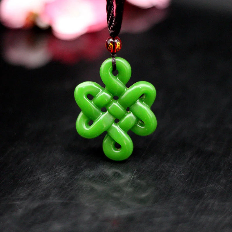 Green Jade Chinese Knot Pendant Necklace Double-sided Hollow Carved Charm