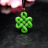 Green Jade Chinese Knot Pendant Necklace Double-sided Hollow Carved Charm