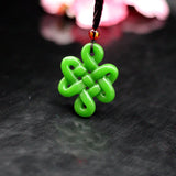 Green Jade Chinese Knot Pendant Necklace Double-sided Hollow Carved Charm