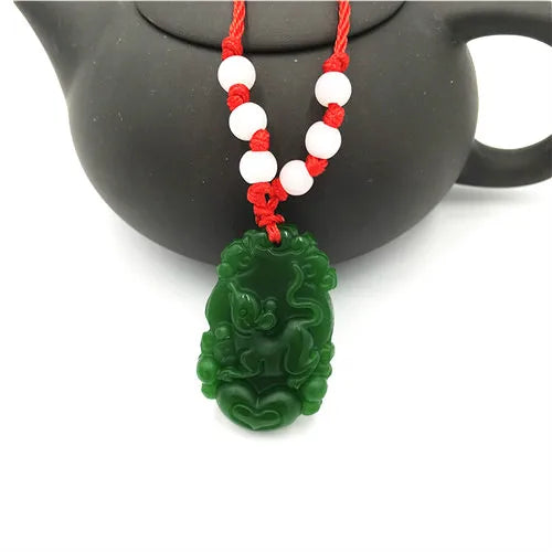 Green Jade Chinese Zodiac Pendant Necklace Hand-Carved Lucky Amulet