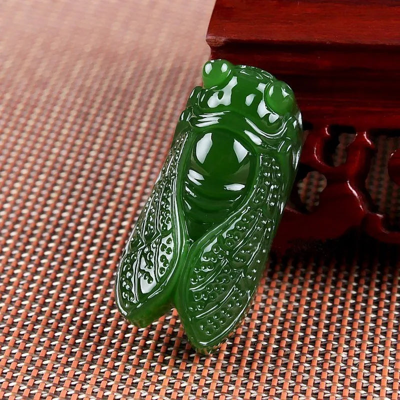 Green Jade Cicada Pendant Necklace Hand-Carved Charm Jewelry