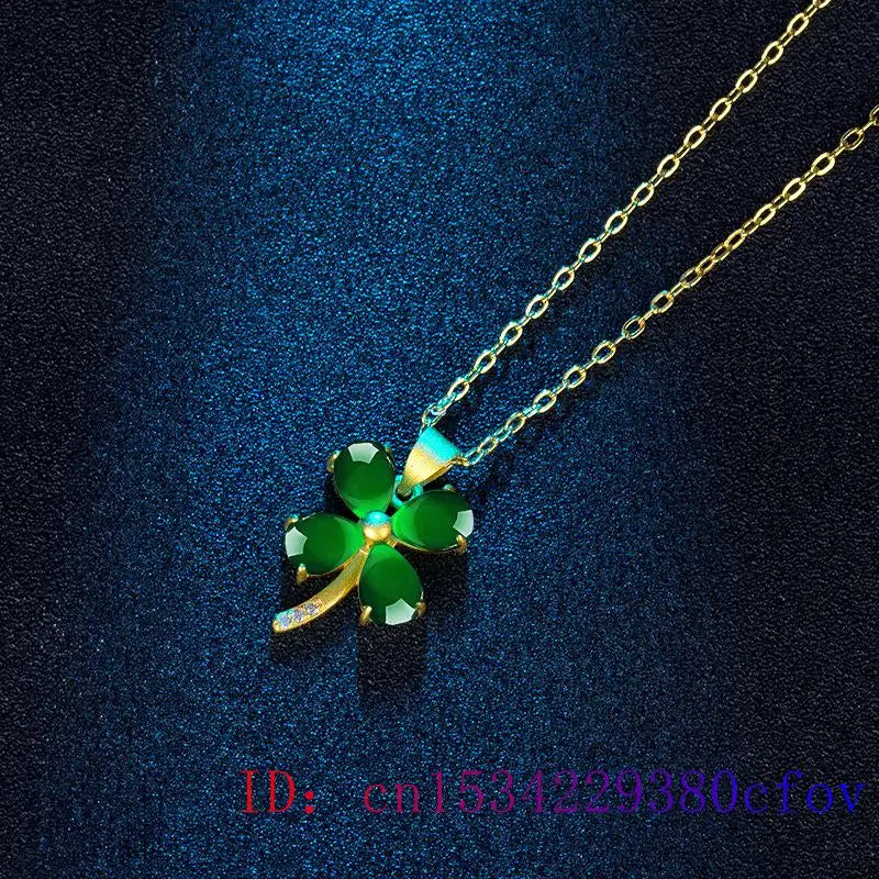 Green Jade Clover Pendant Necklace 925 Silver Chalcedony