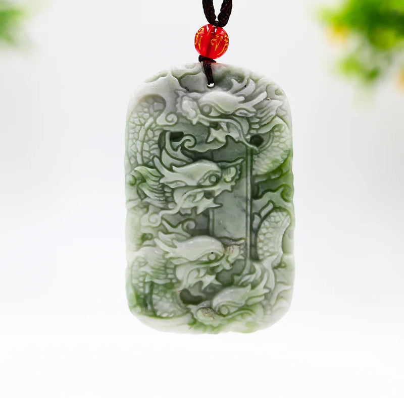 Natural Green Jade Double Sided Carving Dragon Pendant Necklace