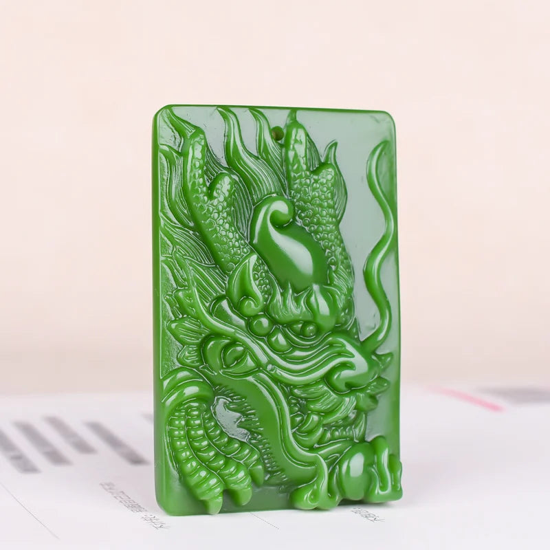 Green Jade Dragon Head Pendant Necklace Chinese Hand-Carved Charm Jewelry