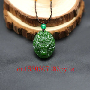 Green Jade Dragon Head Pendant Necklace Chinese Carved Charm Jewelry