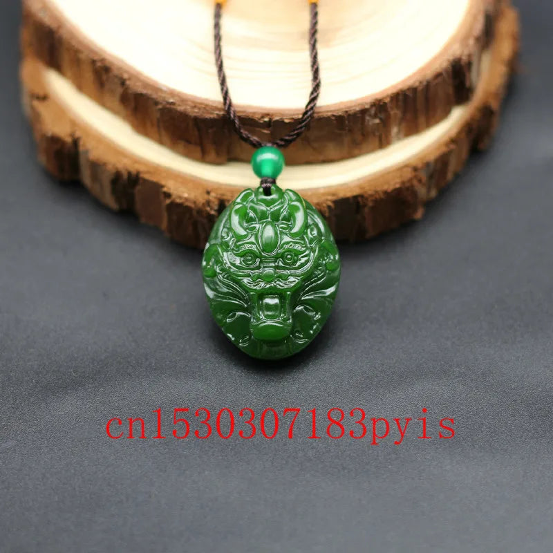 Green Jade Dragon Head Pendant Necklace Chinese Carved Charm Jewelry