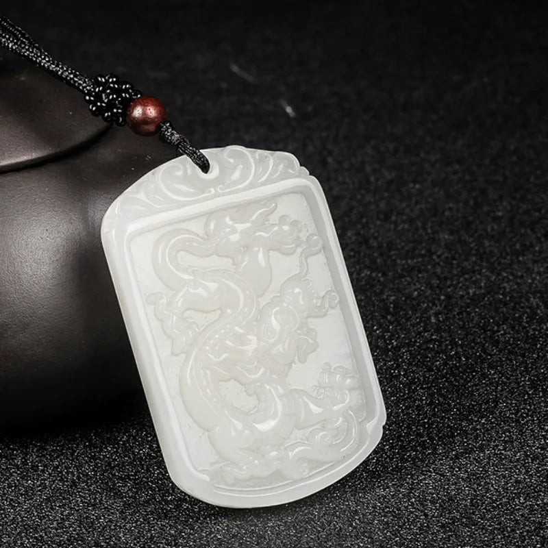 Green Jade Dragon Pendant Necklace Hand-Carved Luck Amulet