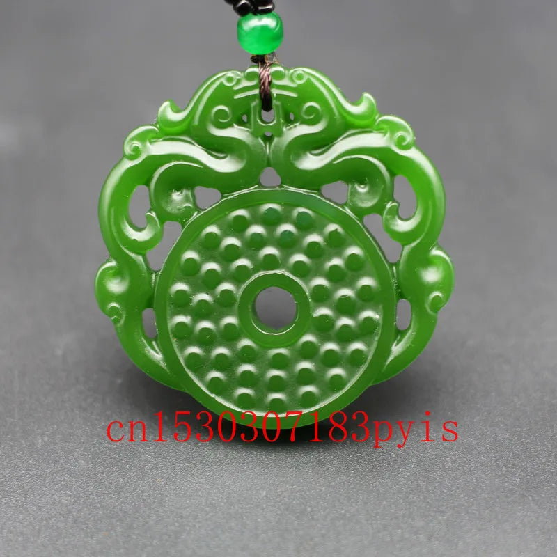 Green Jade Dragon Pendant Necklace Double-sided Carved Charm Jewelry