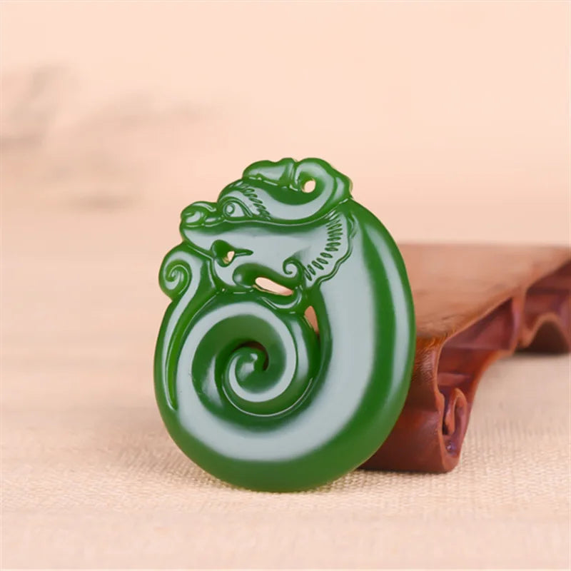 Green Jade Dragon Pendant Necklace Chinese Double-sided Carved Jadeite