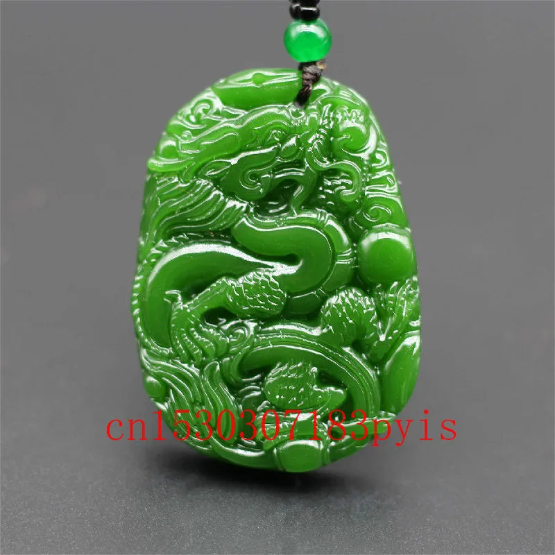 Natural Green Jade Dragon Pendant Necklace Hand-Carved Charm Jadeite Amulet