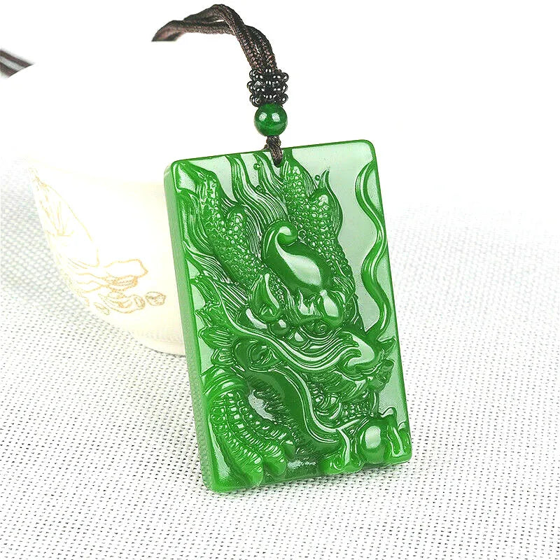 Natural Green Jade Dragon Pendant Necklace Hand Carved Charm Jadeite Jewellery