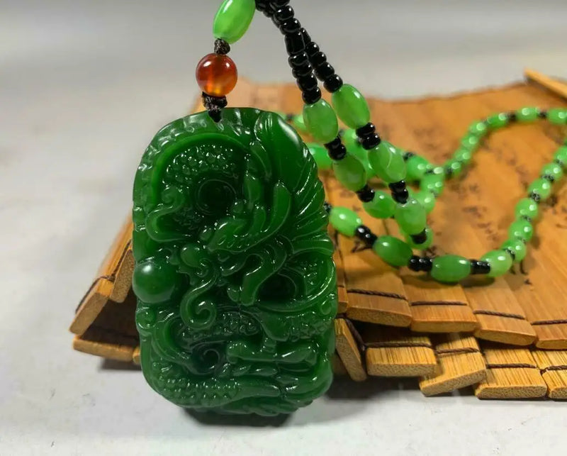 Green Jade Dragon Pendant Necklace - Hand-Carved Luck Amulet