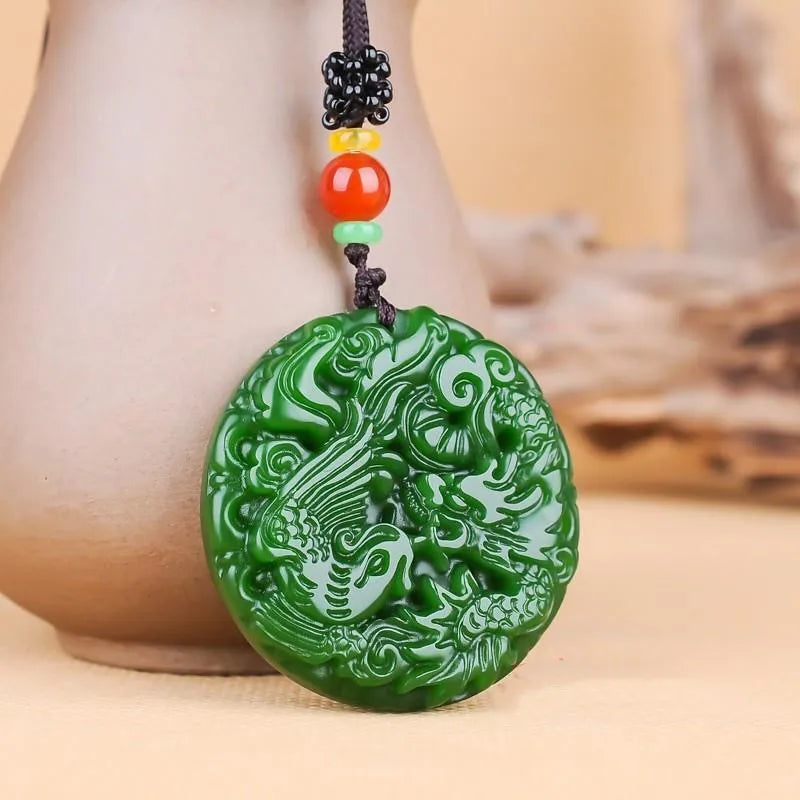 Green Jade Dragon Phoenix Pendant Necklace Lucky Amulet for Women Man