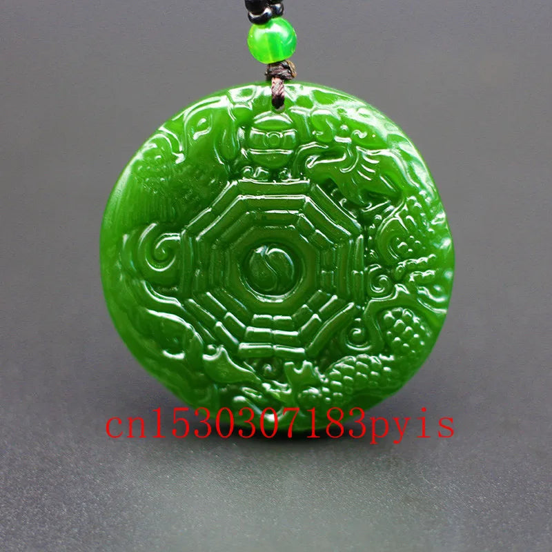 Natural Green Jade Dragon Phoenix Gossip Pendant Necklace Chinese Carved Charm