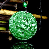 Green Jade Dragon Phoenix Pendant Necklace Hand-Carved Luck Amulet
