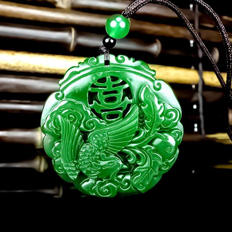 Green Jade Dragon Phoenix Pendant Necklace Hand-Carved Luck Amulet