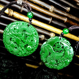 Green Jade Dragon Phoenix Pendant Necklace Hand-Carved Luck Amulet