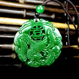 Green Jade Dragon Phoenix Pendant Necklace Hand-Carved Luck Amulet