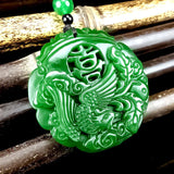 Green Jade Dragon Phoenix Pendant Necklace Hand-Carved Luck Amulet