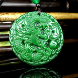 Green Jade Dragon Phoenix Pendant Necklace Hand-Carved Luck Amulet
