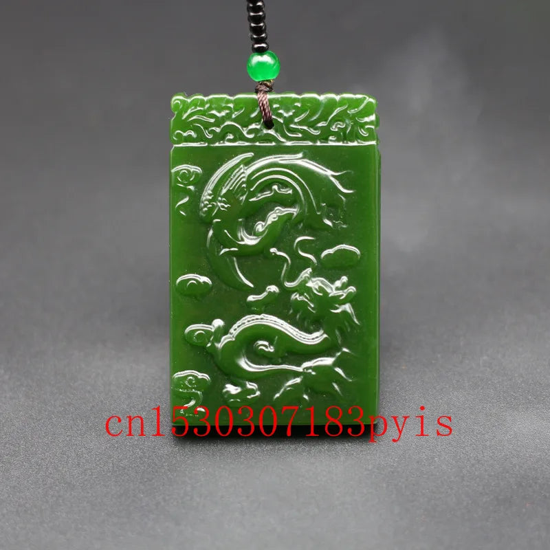 Green Jade Dragon Phoenix Pendant Necklace Chinese Carved Charm Jadeite Jewelry