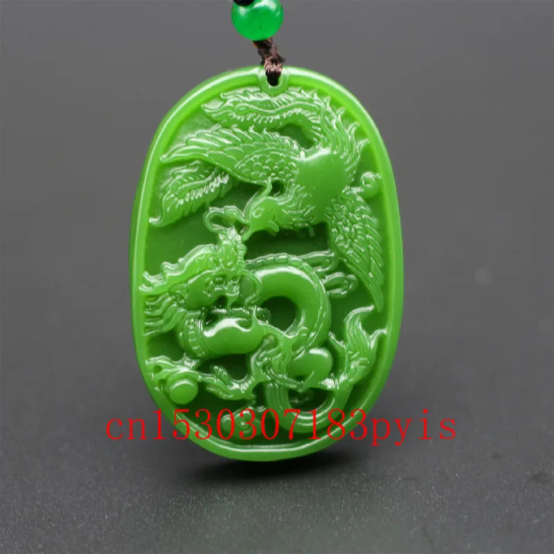 Natural Green Jade Dragon Phoenix Pendant Necklace Charm