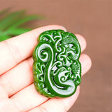 Green Jade Dragon Phoenix Pendant Necklace Chinese Hand-Carved Jewelry
