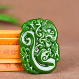 Green Jade Dragon Phoenix Pendant Necklace Chinese Hand-Carved Jewelry