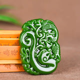 Green Jade Dragon Phoenix Pendant Necklace Chinese Hand-Carved Jewelry