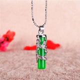 Green Jade Dragon Pillar Pendant Necklace 925 Silver Carved Charm